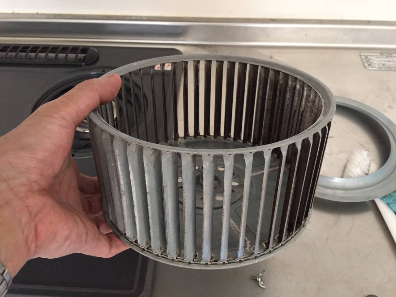 レンジフードのシロッコファン(作業後)<br>時間がかかりましたが綺麗に洗浄できました。これでレンジフードが正常に機能します。