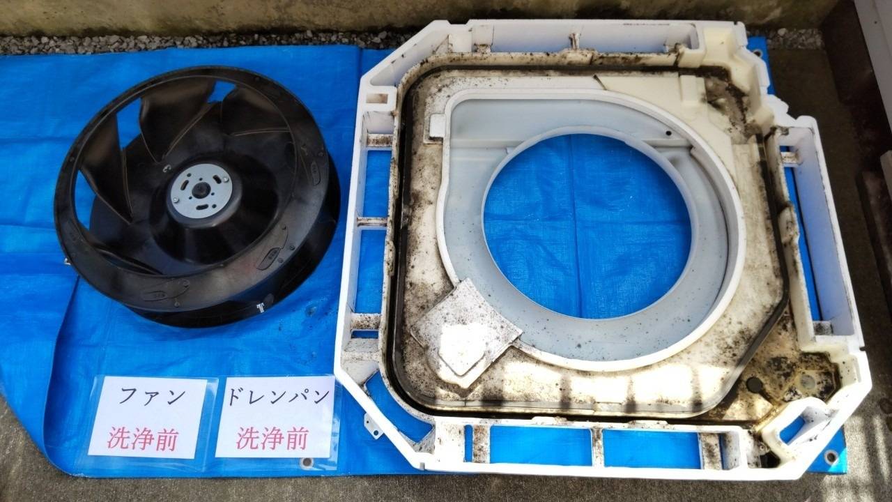 ドレンパン・ファン洗浄前<br>ドレンパンにカビがびっしりと付いていますね。